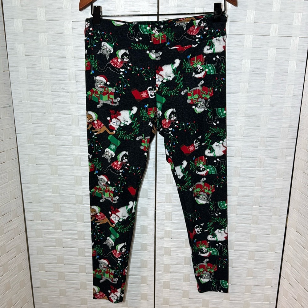 Holiday Time Charcoal‎ Gray Christmas Cat Leggings Size L-XL